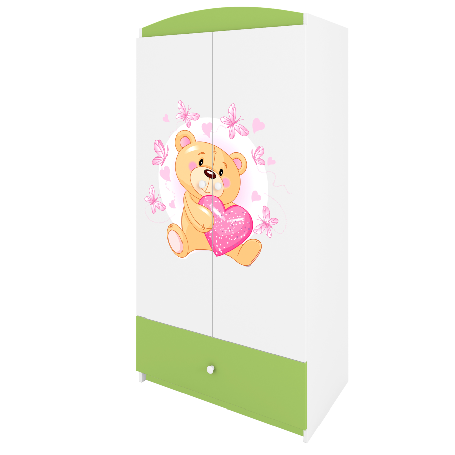 Babydreams garderobe for barn m. bamse m. sommerfugler, m. 2 drer, 1 skuff - hvit/grnn laminat