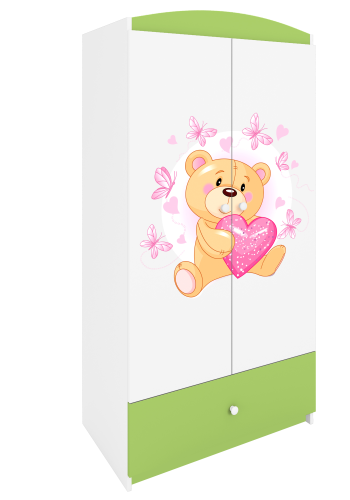 Babydreams garderobe for barn m. bamse m. sommerfugler, m. 2 drer, 1 skuff - hvit/grnn laminat