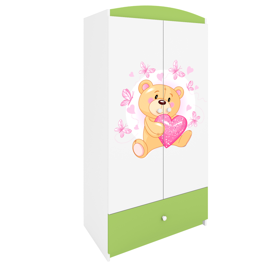 Babydreams garderobe for barn m. bamse m. sommerfugler, m. 2 drer, 1 skuff - hvit/grnn laminat