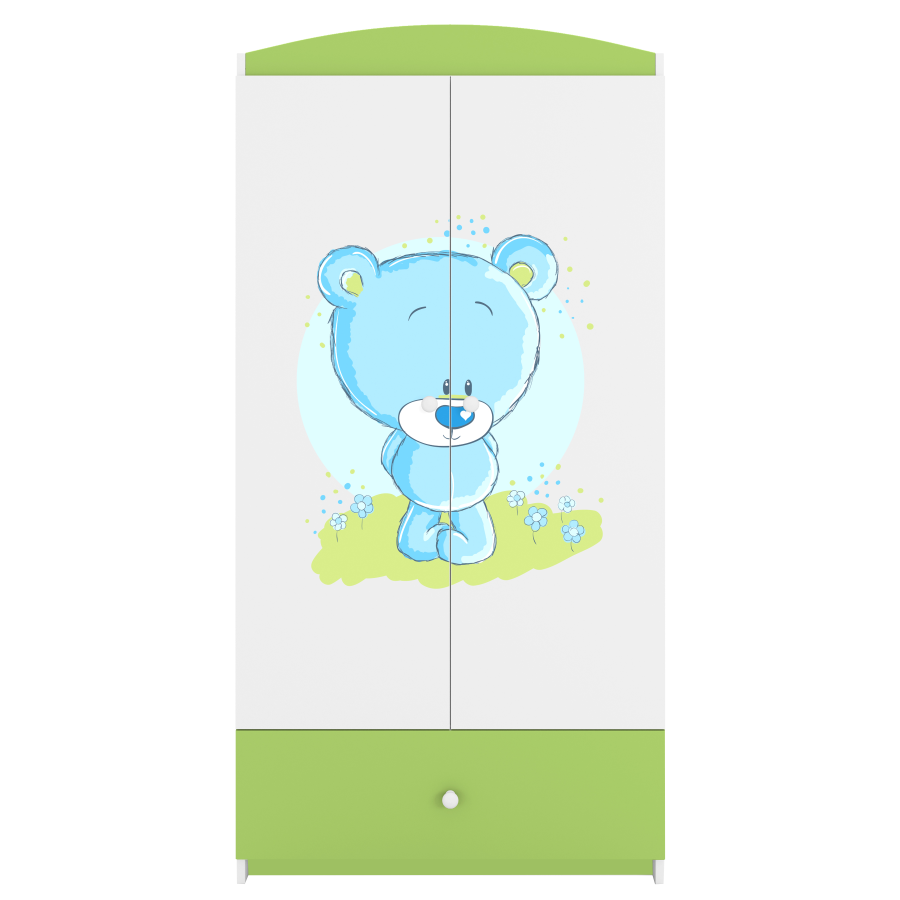 Babydreams garderobe for barn med bl bamse, m. 2 drer, 1 skuff - hvit og grnn laminat