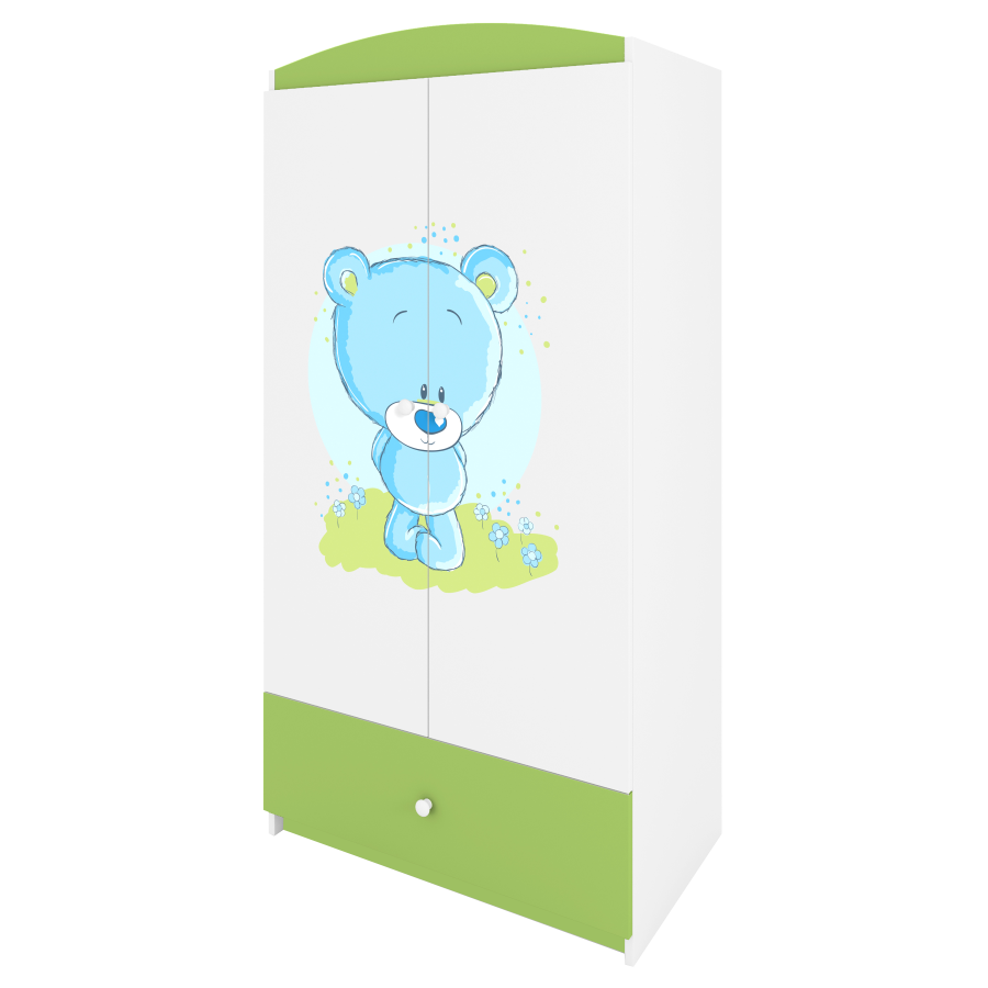 Babydreams garderobe for barn med bl bamse, m. 2 drer, 1 skuff - hvit og grnn laminat