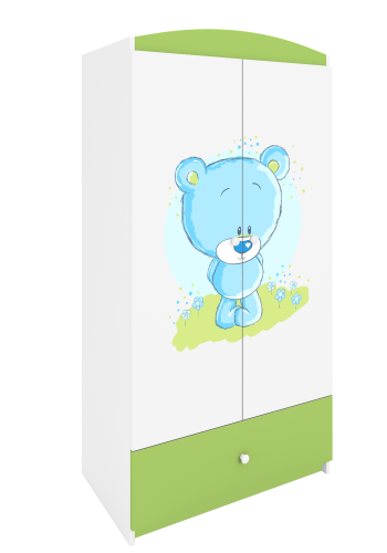 Babydreams garderobe for barn med bl bamse, m. 2 drer, 1 skuff - hvit og grnn laminat