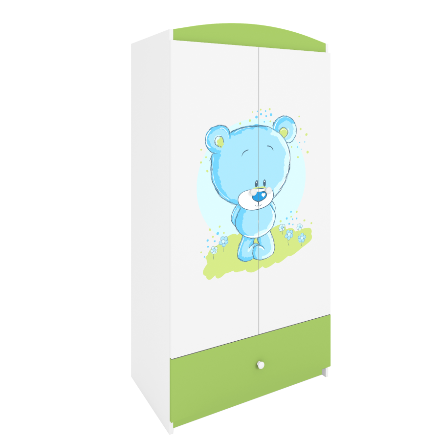 Babydreams garderobe for barn med bl bamse, m. 2 drer, 1 skuff - hvit og grnn laminat