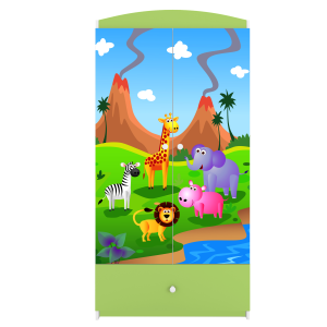 Babydreams garderobeskab til brn med safari dyr, m. 2 lger, 1 skuffe - hvid og grn laminat