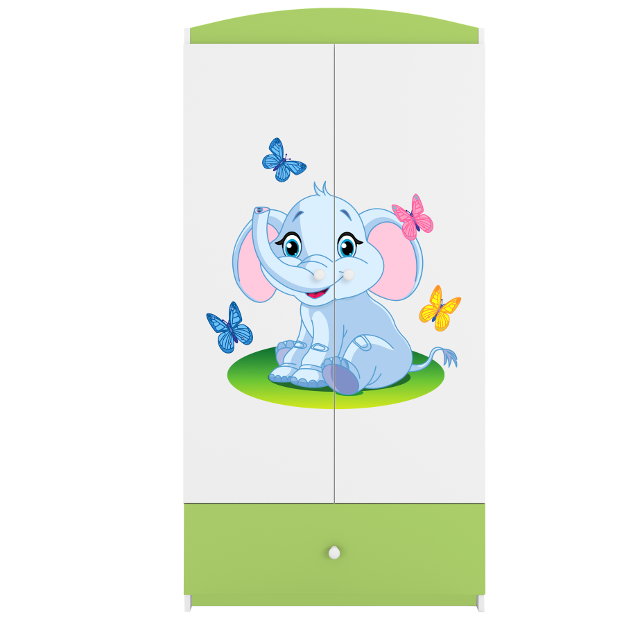 Babydreams garderobe for barn med elefant, m. 2 drer, 1 skuff - hvit og grnn laminat