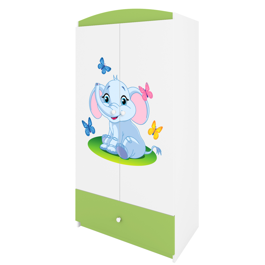 Babydreams garderobe for barn med elefant, m. 2 drer, 1 skuff - hvit og grnn laminat