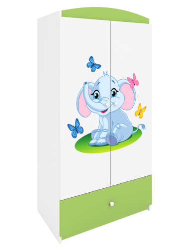 Babydreams garderobe for barn med elefant, m. 2 drer, 1 skuff - hvit og grnn laminat