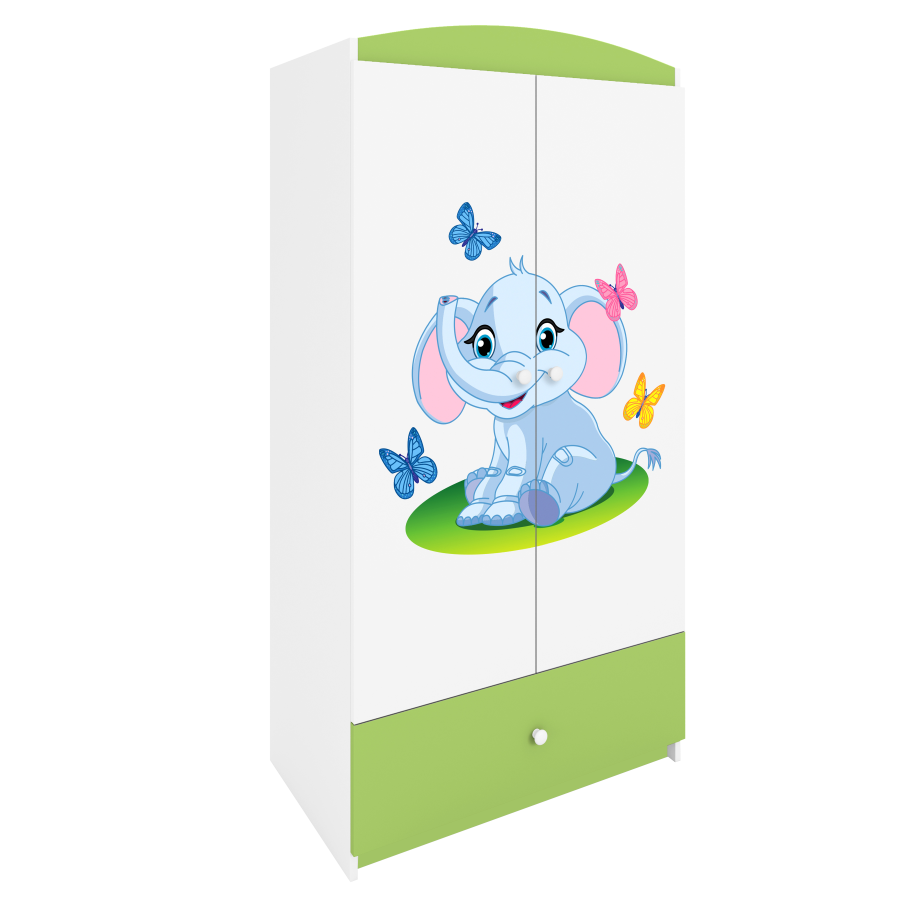 Babydreams garderobe for barn med elefant, m. 2 drer, 1 skuff - hvit og grnn laminat