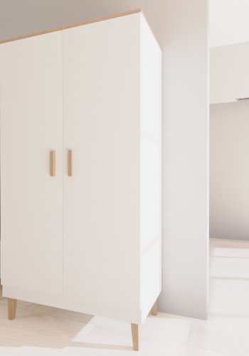 KOCOT Denver Kleiderschrank, mit 2 Türen, 4 Einlegeböden und 1 Kleiderstange - Spanplatte in Weiß und Hickory Natur