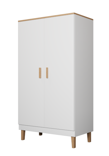 KOCOT Denver Kleiderschrank, mit 2 Türen, 4 Einlegeböden und 1 Kleiderstange - Spanplatte in Weiß und Hickory Natur