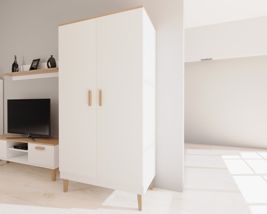 KOCOT Denver Kleiderschrank, mit 2 Türen, 4 Einlegeböden und 1 Kleiderstange - Spanplatte in Weiß und Hickory Natur