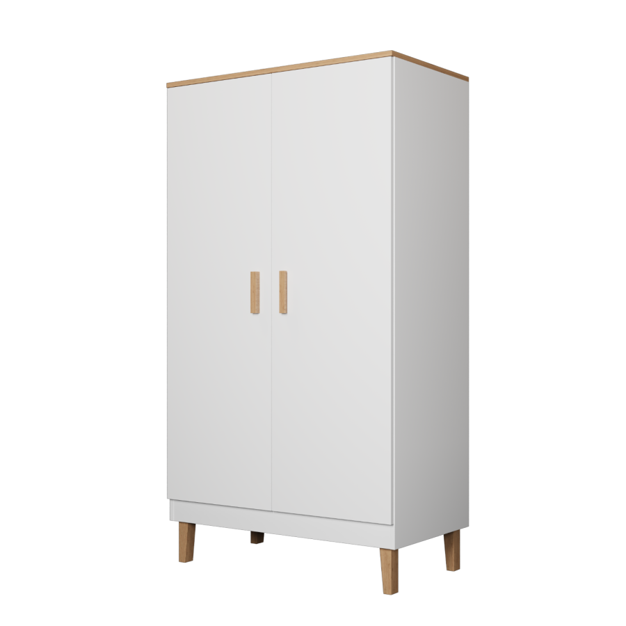 KOCOT Denver Kleiderschrank, mit 2 Türen, 4 Einlegeböden und 1 Kleiderstange - Spanplatte in Weiß und Hickory Natur