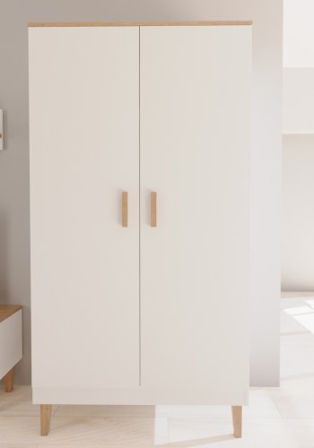 KOCOT Denver Kleiderschrank, mit 2 Türen, 4 Einlegeböden und 1 Kleiderstange - Spanplatte in Weiß und Hickory Natur