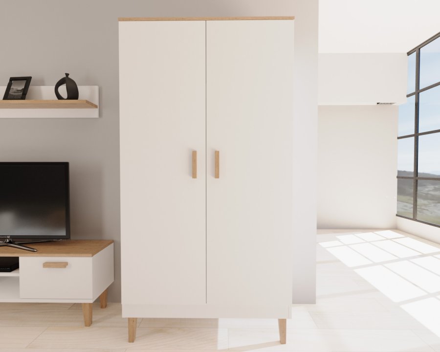 KOCOT Denver Kleiderschrank, mit 2 Türen, 4 Einlegeböden und 1 Kleiderstange - Spanplatte in Weiß und Hickory Natur