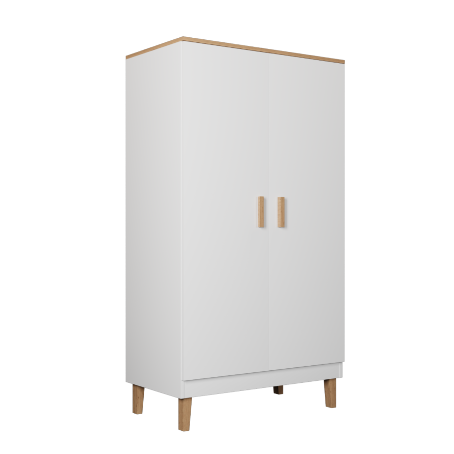 KOCOT Denver Kleiderschrank, mit 2 Türen, 4 Einlegeböden und 1 Kleiderstange - Spanplatte in Weiß und Hickory Natur