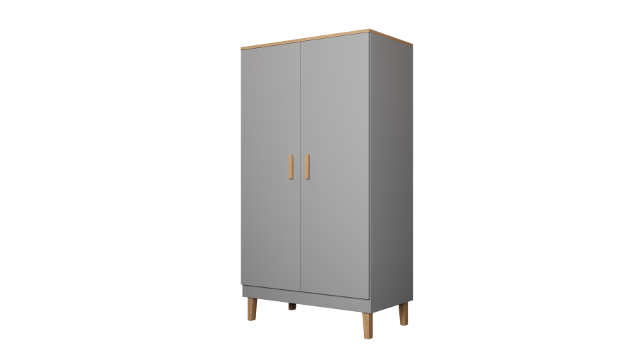 KOCOT Denver Kleiderschrank, mit 2 Türen, 4 Einlegeböden und 1 Kleiderstange - graue und natürliche Hickory-Spanplatte
