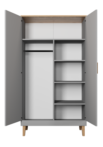 KOCOT Denver Kleiderschrank, mit 2 Türen, 4 Einlegeböden und 1 Kleiderstange - graue und natürliche Hickory-Spanplatte