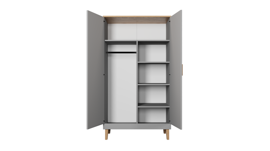 KOCOT Denver Kleiderschrank, mit 2 Türen, 4 Einlegeböden und 1 Kleiderstange - graue und natürliche Hickory-Spanplatte