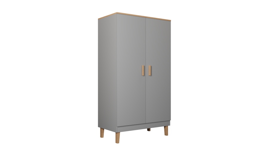 KOCOT Denver Kleiderschrank, mit 2 Türen, 4 Einlegeböden und 1 Kleiderstange - graue und natürliche Hickory-Spanplatte