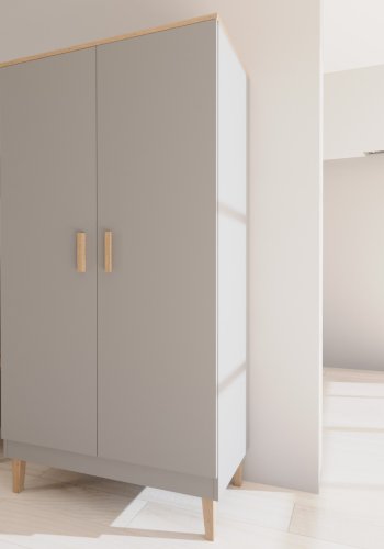 KOCOT Denver Kleiderschrank, mit 2 Türen, 4 Einlegeböden und 1 Kleiderstange - graue und natürliche Hickory-Spanplatte