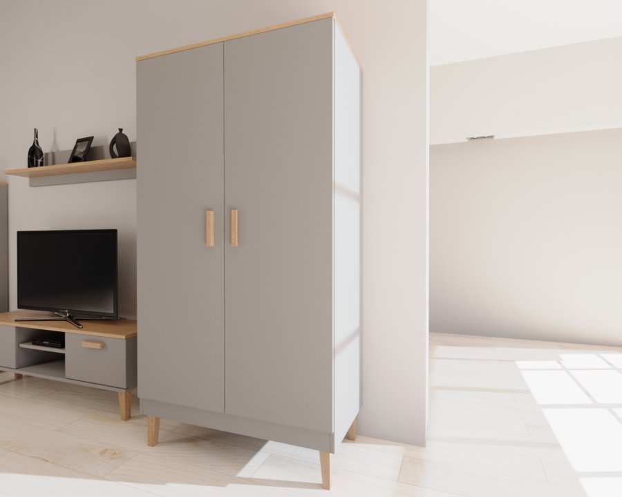 KOCOT Denver Kleiderschrank, mit 2 Türen, 4 Einlegeböden und 1 Kleiderstange - graue und natürliche Hickory-Spanplatte