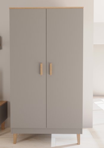 KOCOT Denver Kleiderschrank, mit 2 Türen, 4 Einlegeböden und 1 Kleiderstange - graue und natürliche Hickory-Spanplatte