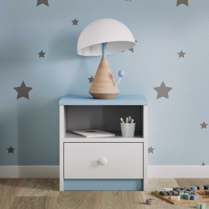 Babydreams sengebord til brn, m. 1 rum og 1 skuffe - hvid og bl laminat (39,5x30,5)