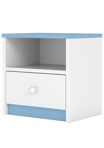 Babydreams nattbord for barn, m. 1 rom og 1 skuff - hvit og bl laminat (39,5x30,5)