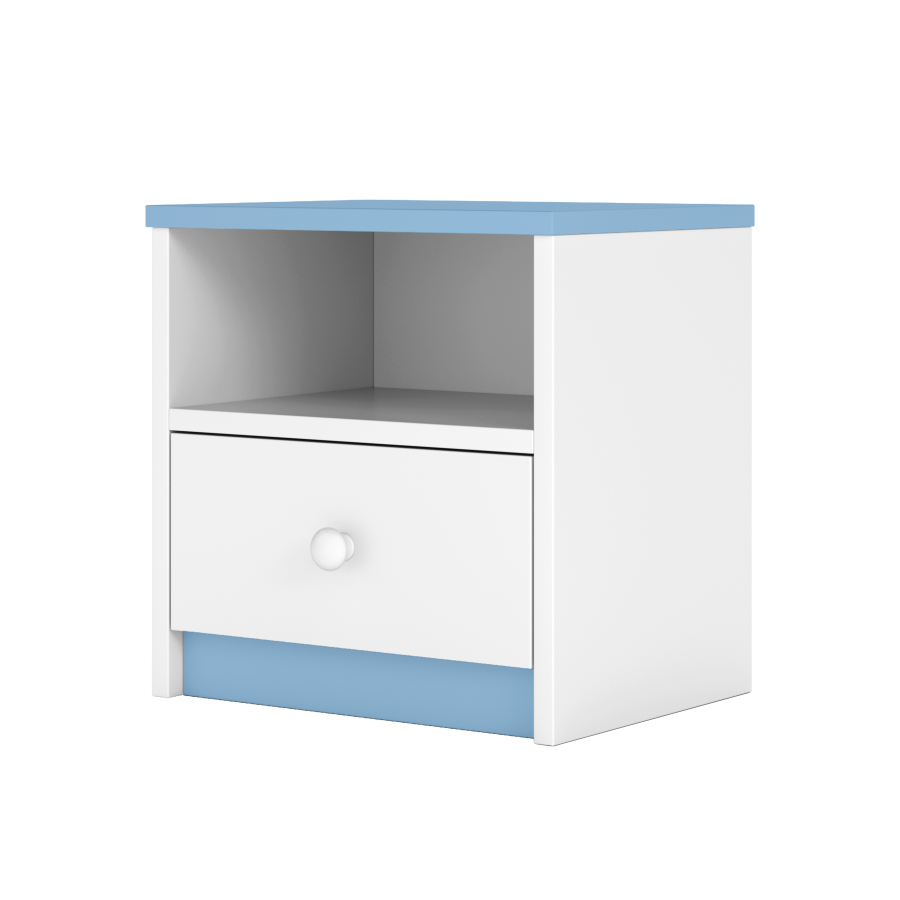 Babydreams nattbord for barn, m. 1 rom og 1 skuff - hvit og bl laminat (39,5x30,5)
