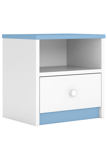 Babydreams nattbord for barn, m. 1 rom og 1 skuff - hvit og bl laminat (39,5x30,5)