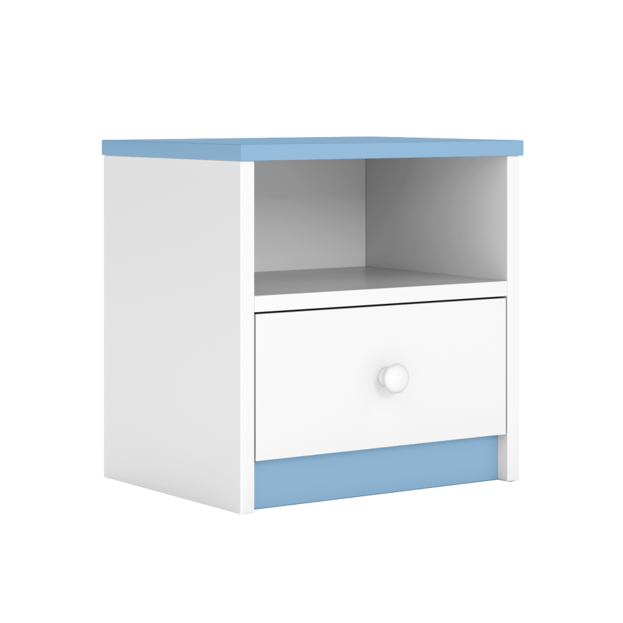 Babydreams nattbord for barn, m. 1 rom og 1 skuff - hvit og bl laminat (39,5x30,5)