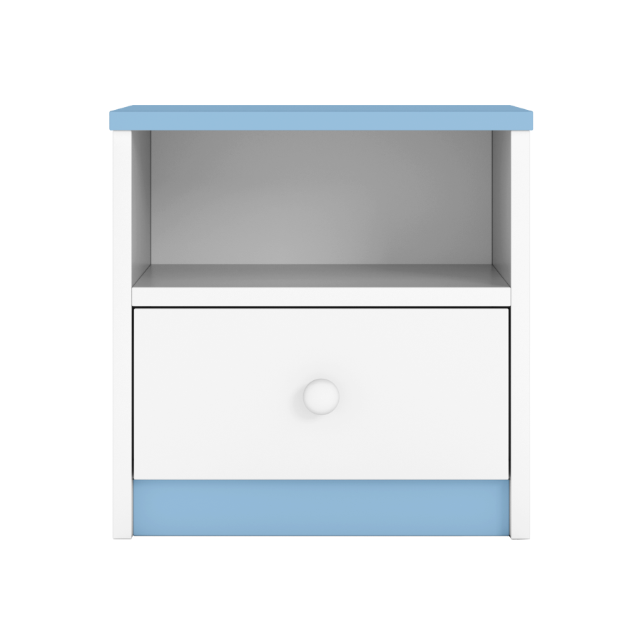 Babydreams nattbord for barn, m. 1 rom og 1 skuff - hvit og bl laminat (39,5x30,5)