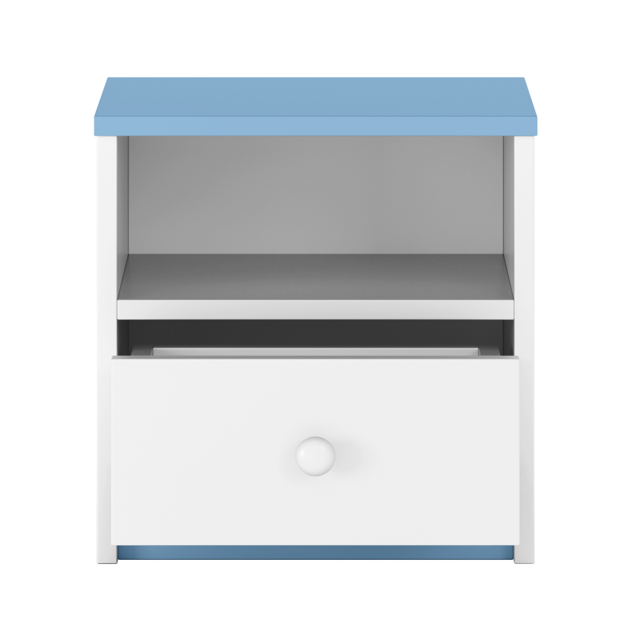 Babydreams nattbord for barn, m. 1 rom og 1 skuff - hvit og bl laminat (39,5x30,5)