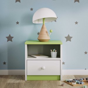 Babydreams sengebord til brn, m. 1 rum og 1 skuffe - hvid og grn laminat (39,5x30,5)
