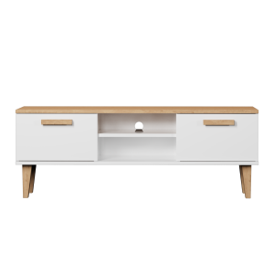 KOCOT Denver TV-bord, m. 2 dörrar och 1 hylla - vit och naturlig hickoryspnskiva (120x47,2)