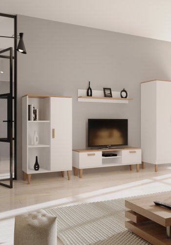 KOCOT Denver TV-Tisch, mit 2 Türen und 1 Regal - weiße und natürliche Hickory-Spanplatte (120x47,2)