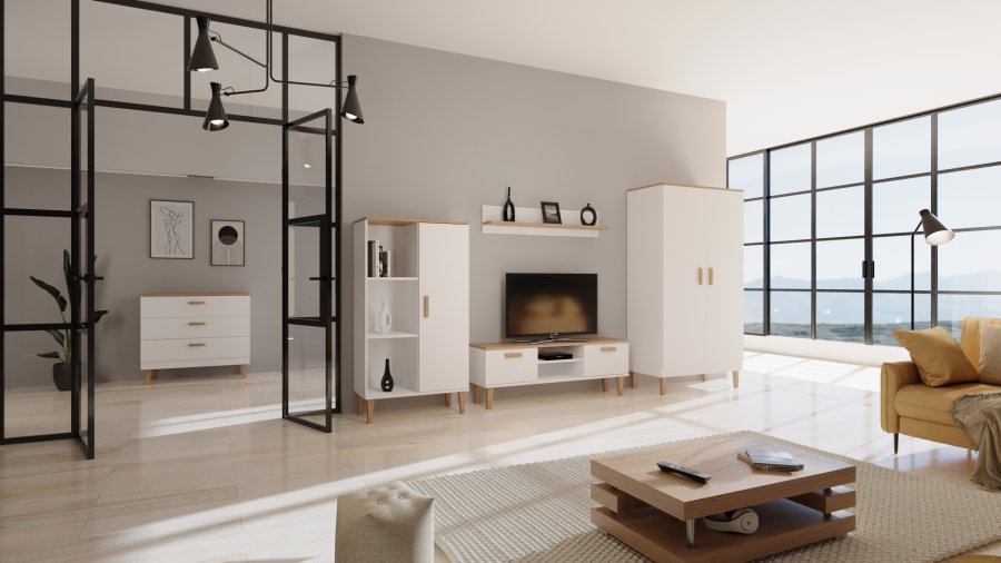 KOCOT Denver TV-Tisch, mit 2 Türen und 1 Regal - weiße und natürliche Hickory-Spanplatte (120x47,2)