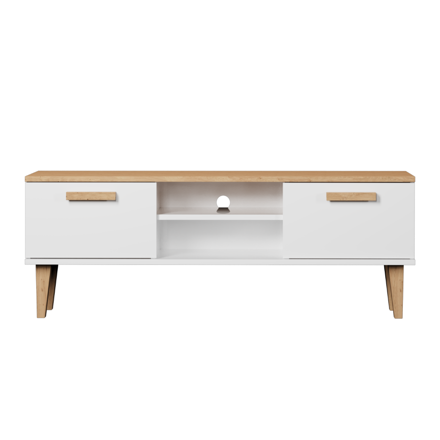 KOCOT Denver TV-Tisch, mit 2 Türen und 1 Regal - weiße und natürliche Hickory-Spanplatte (120x47,2)