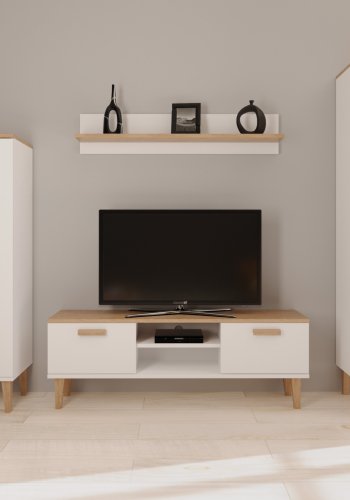 KOCOT Denver TV-Tisch, mit 2 Türen und 1 Regal - weiße und natürliche Hickory-Spanplatte (120x47,2)