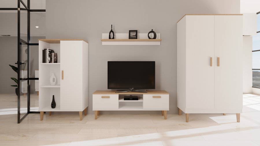 KOCOT Denver TV-Tisch, mit 2 Türen und 1 Regal - weiße und natürliche Hickory-Spanplatte (120x47,2)