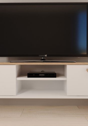 KOCOT Denver TV-Tisch, mit 2 Türen und 1 Regal - weiße und natürliche Hickory-Spanplatte (120x47,2)