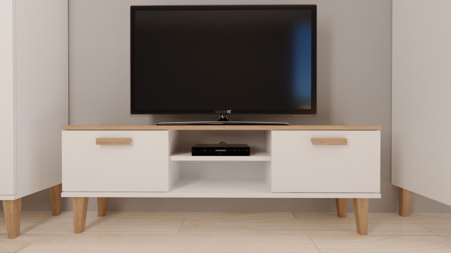 KOCOT Denver TV-Tisch, mit 2 Türen und 1 Regal - weiße und natürliche Hickory-Spanplatte (120x47,2)