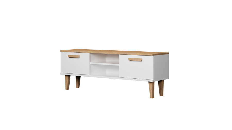 KOCOT Denver TV-Tisch, mit 2 Türen und 1 Regal - weiße und natürliche Hickory-Spanplatte (120x47,2)