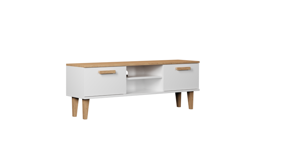 KOCOT Denver TV-Tisch, mit 2 Türen und 1 Regal - weiße und natürliche Hickory-Spanplatte (120x47,2)