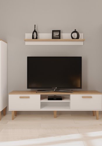 KOCOT Denver TV-Tisch, mit 2 Türen und 1 Regal - weiße und natürliche Hickory-Spanplatte (160 x 47,2)