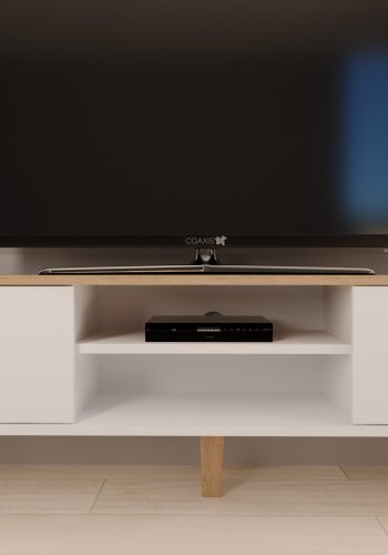 KOCOT Denver TV-Tisch, mit 2 Türen und 1 Regal - weiße und natürliche Hickory-Spanplatte (160 x 47,2)