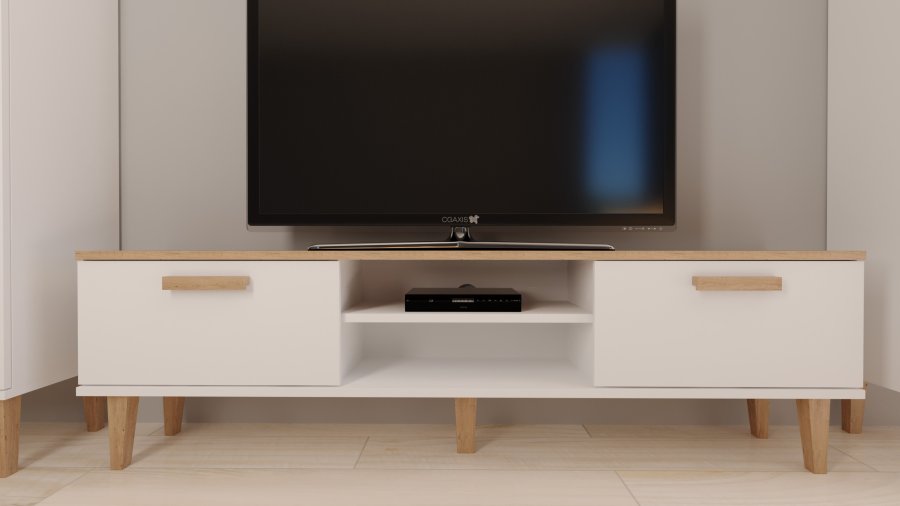 KOCOT Denver TV-Tisch, mit 2 Türen und 1 Regal - weiße und natürliche Hickory-Spanplatte (160 x 47,2)