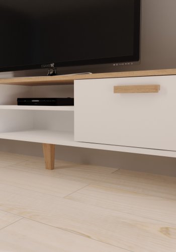KOCOT Denver TV-Tisch, mit 2 Türen und 1 Regal - weiße und natürliche Hickory-Spanplatte (160 x 47,2)