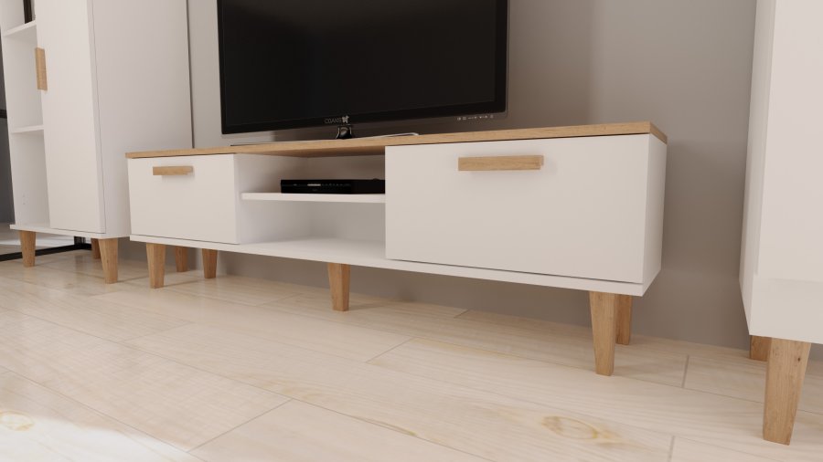 KOCOT Denver TV-Tisch, mit 2 Türen und 1 Regal - weiße und natürliche Hickory-Spanplatte (160 x 47,2)