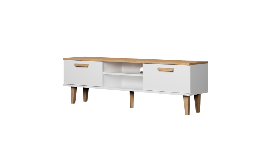 KOCOT Denver TV-Tisch, mit 2 Türen und 1 Regal - weiße und natürliche Hickory-Spanplatte (160 x 47,2)